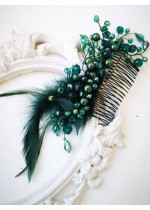 Изящен гребен украса за коса с кристали и пера в тъмно зелено Green Garden by Rosie